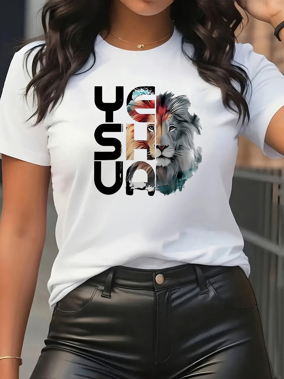 Lion Print Crew Neck Short Sleeve Tee Restaurant Work Comfort Fit Modern Top