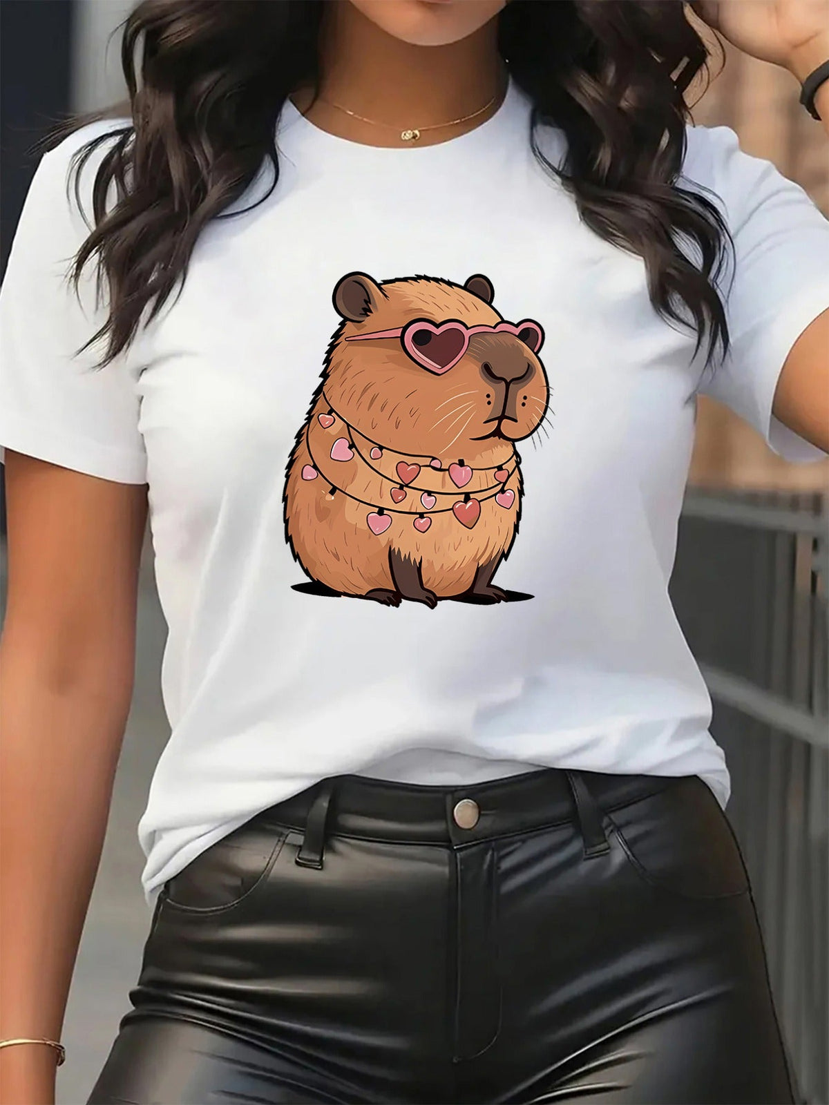 Cute Capybara Print Short Sleeve Tee Unisex Crew Neck Casual Versatile Top