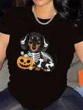 Halloween Dog Skull Print Lightweight Short Sleeve Tee Holiday Comfort Top