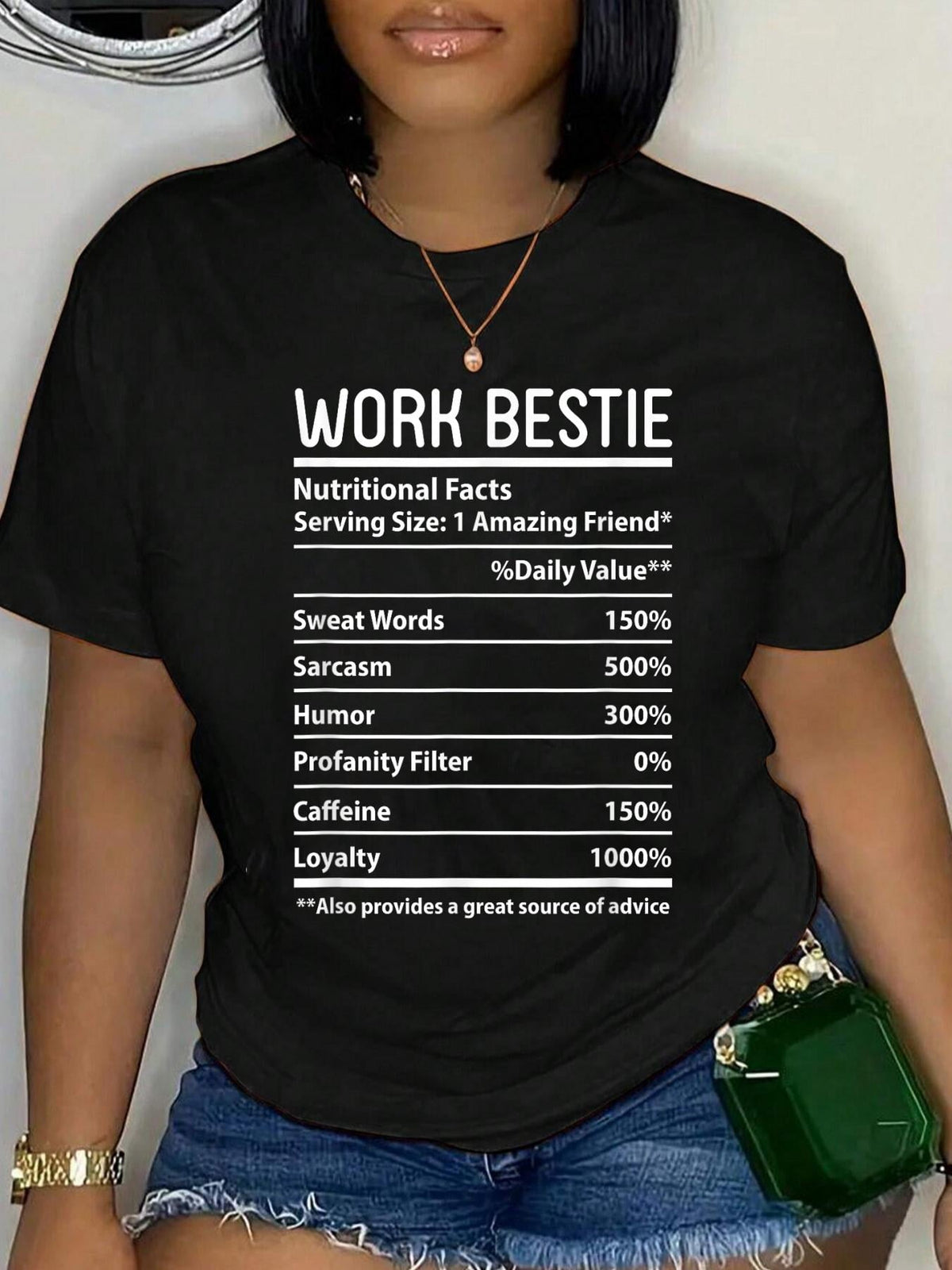 100% Cotton Work Bestie Nutritional Facts Funny Coworker Employee T-Shirt Women's Graphic Tee Casual Tops