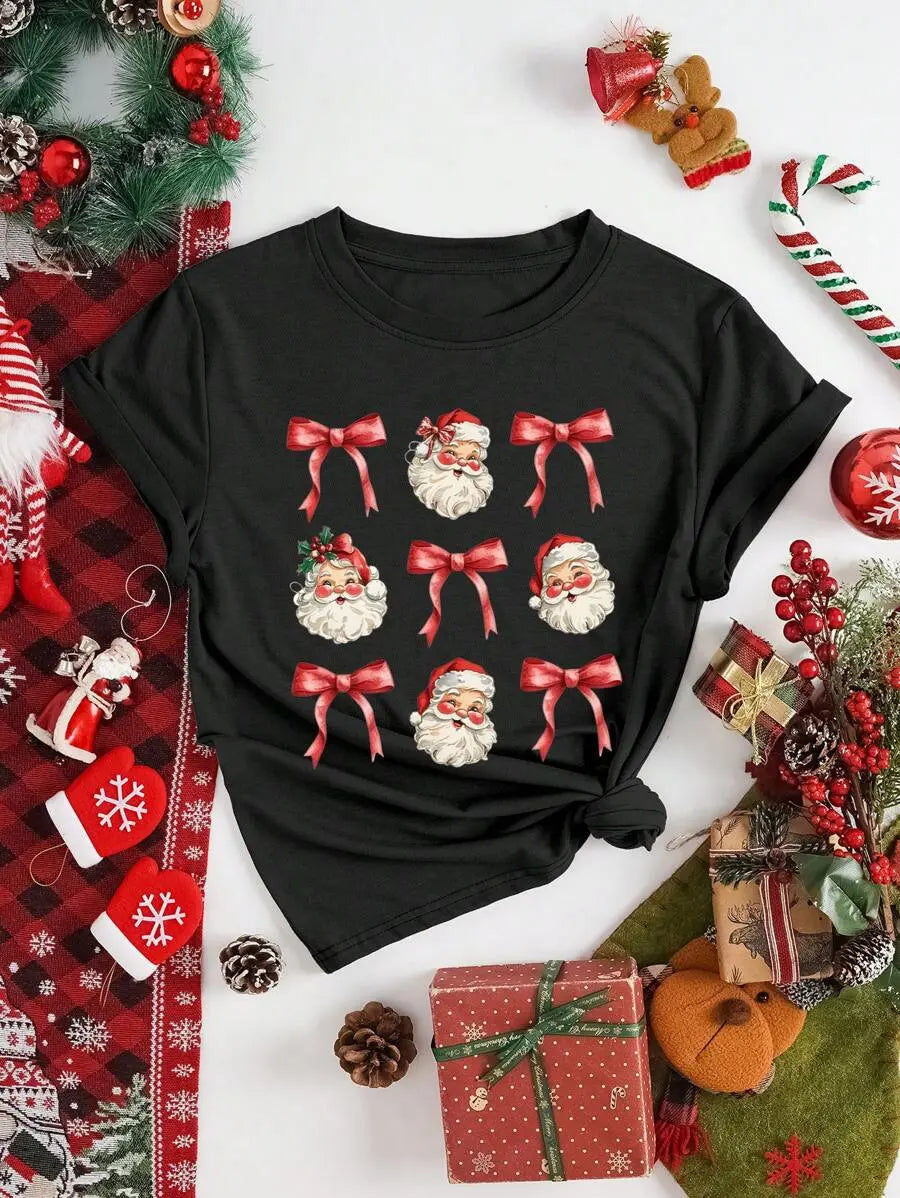 Women Christmas Santa Claus Graphic T‑Shirt, Vintage Santa Red Bow Print Casual Crew Neck Short Sleeve Tee Top Christmas T shirts
