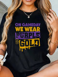 Game Day Spirit Purple Gold Print Short Sleeve Tee Football Season Top