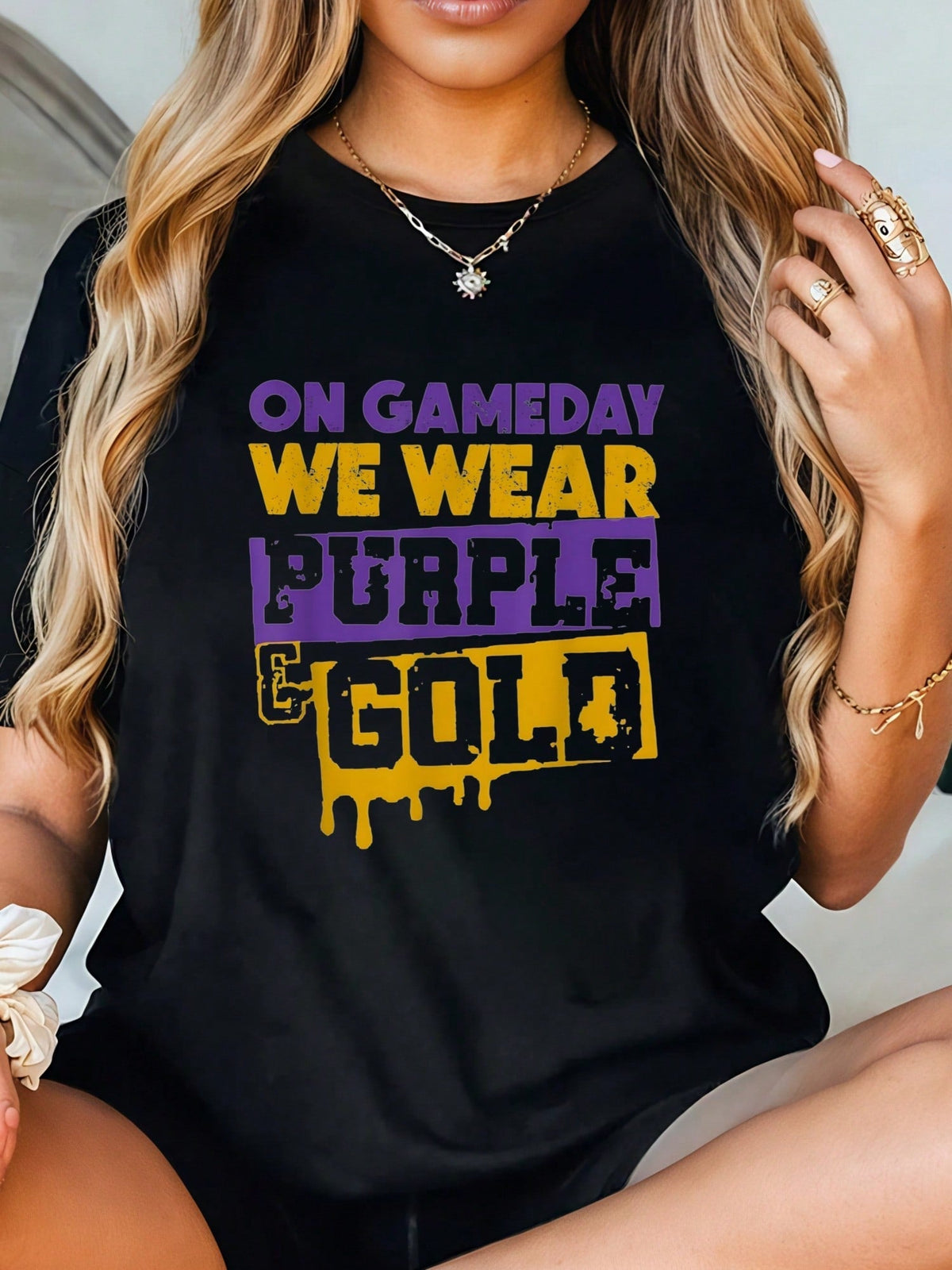Game Day Spirit Purple Gold Print Short Sleeve Tee Football Season Top