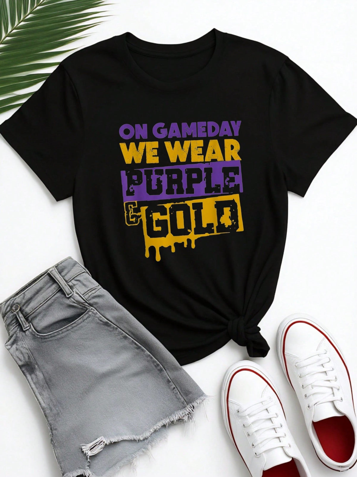 Game Day Spirit Purple Gold Print Short Sleeve Tee Football Season Top
