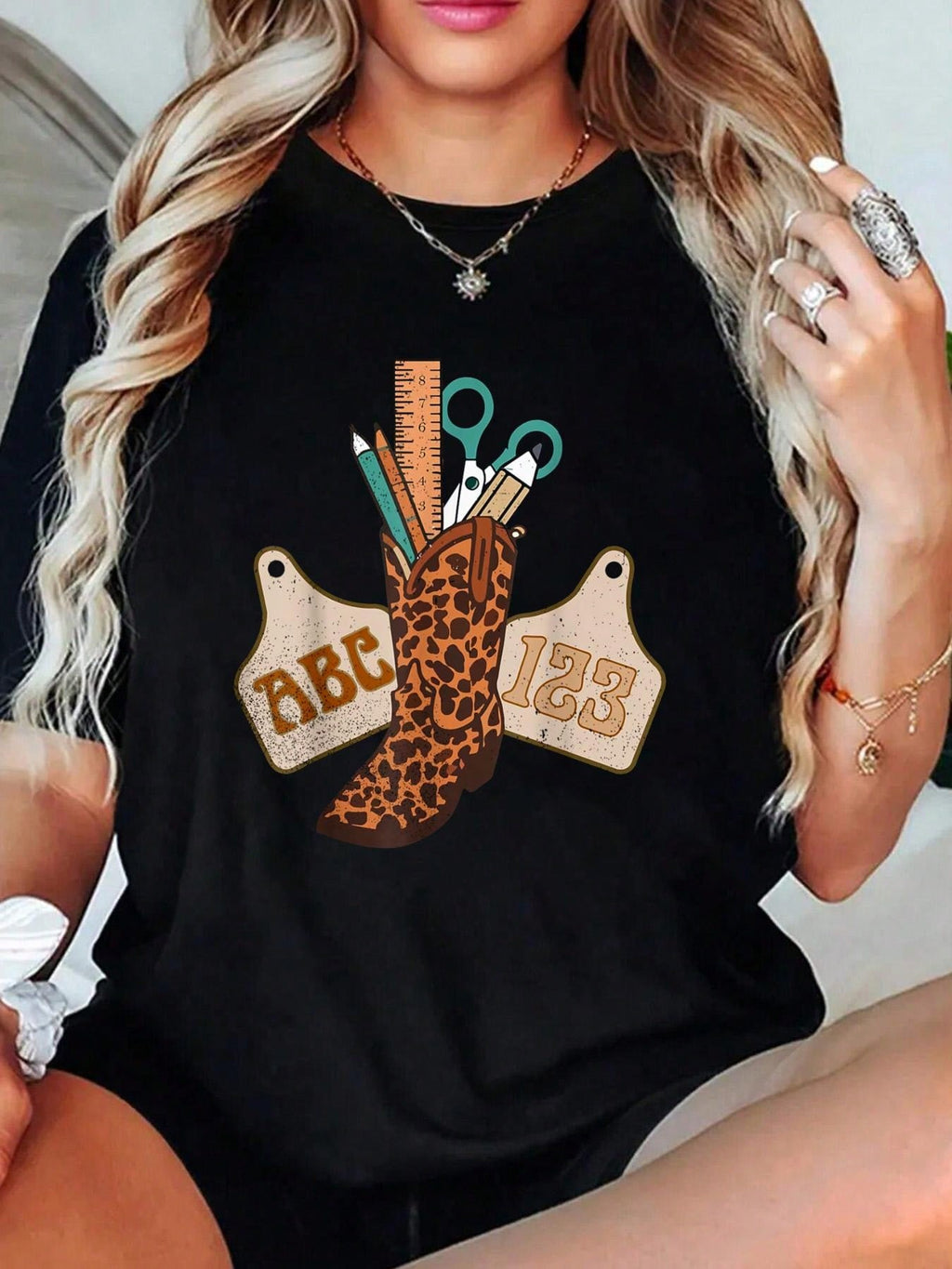 ABC 123 Western Teacher Cowboy Print Cotton Short Sleeve Tee Summer Top