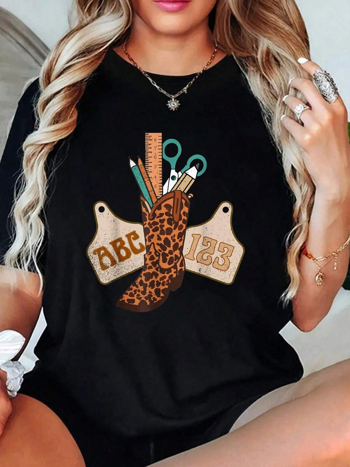 ABC 123 Western Teacher Cowboy Print Cotton Short Sleeve Tee Summer Top