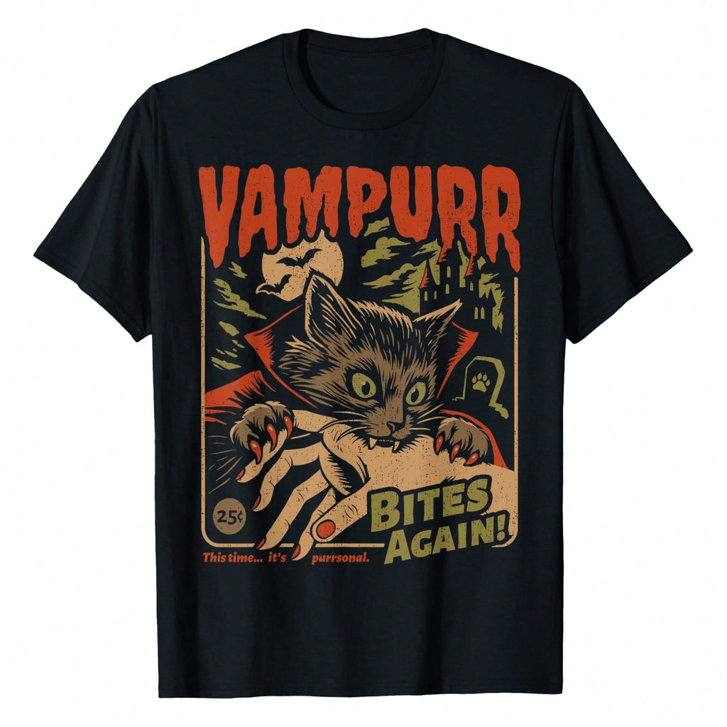 Vampurr Bites Again Funny Cat Halloween Print Tee Vintage Crew Neck Short Sleeve Top