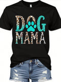 Dog Mama Paw Print Turquoise Cheetah Lettering Black Short Sleeve Tee Top