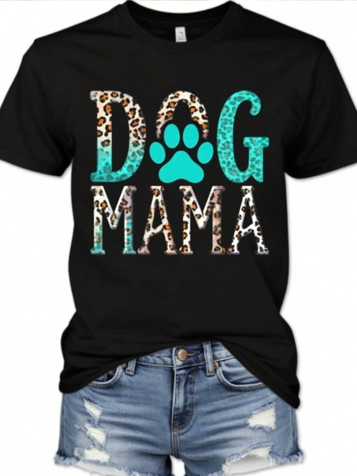 Dog Mama Paw Print Turquoise Cheetah Lettering Black Short Sleeve Tee Top