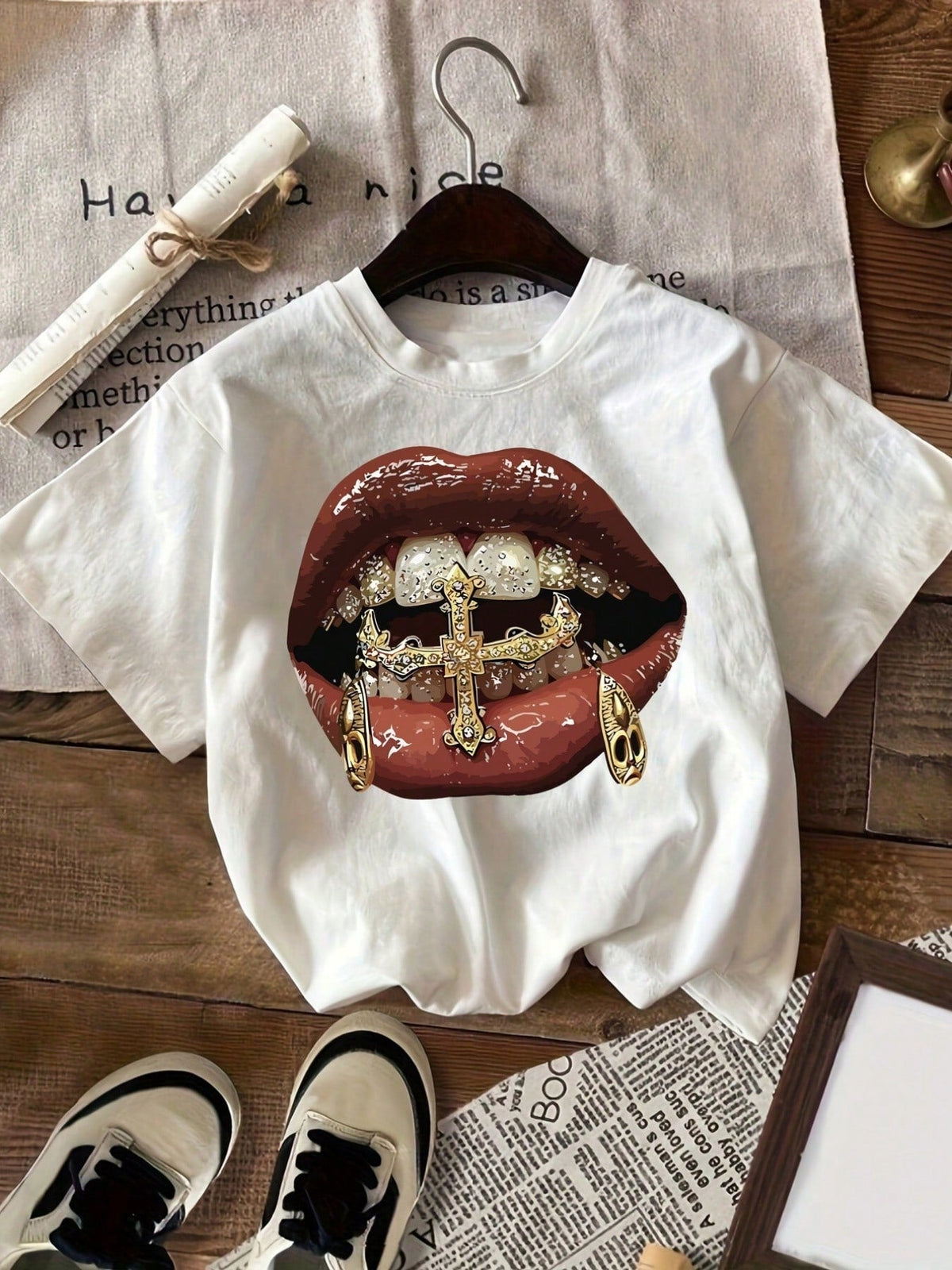 Gold Teeth Graphic Crew Neck Tee Loose Hip Hop Summer Short Sleeve