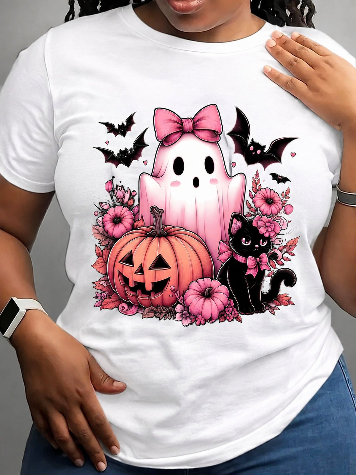 Halloween Cute Ghost Cat Pumpkin Graphic T-Shirt