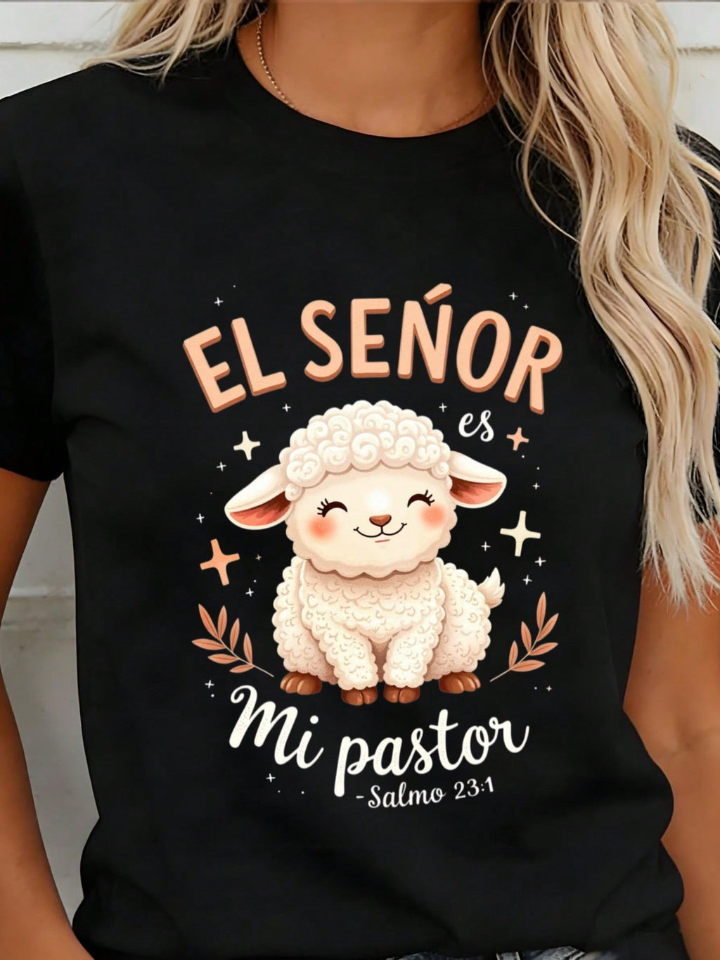 Cute Sheep And Bible Verse Design Round Neck T Shirt