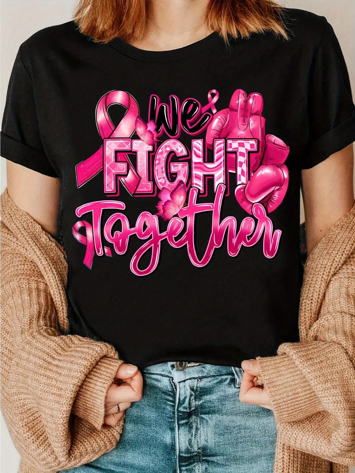 We Fight Breast Cancer Together T-Shirt, Pink Ribbon Lettering Print T-Shirt, Cancer Awareness T-Shirt