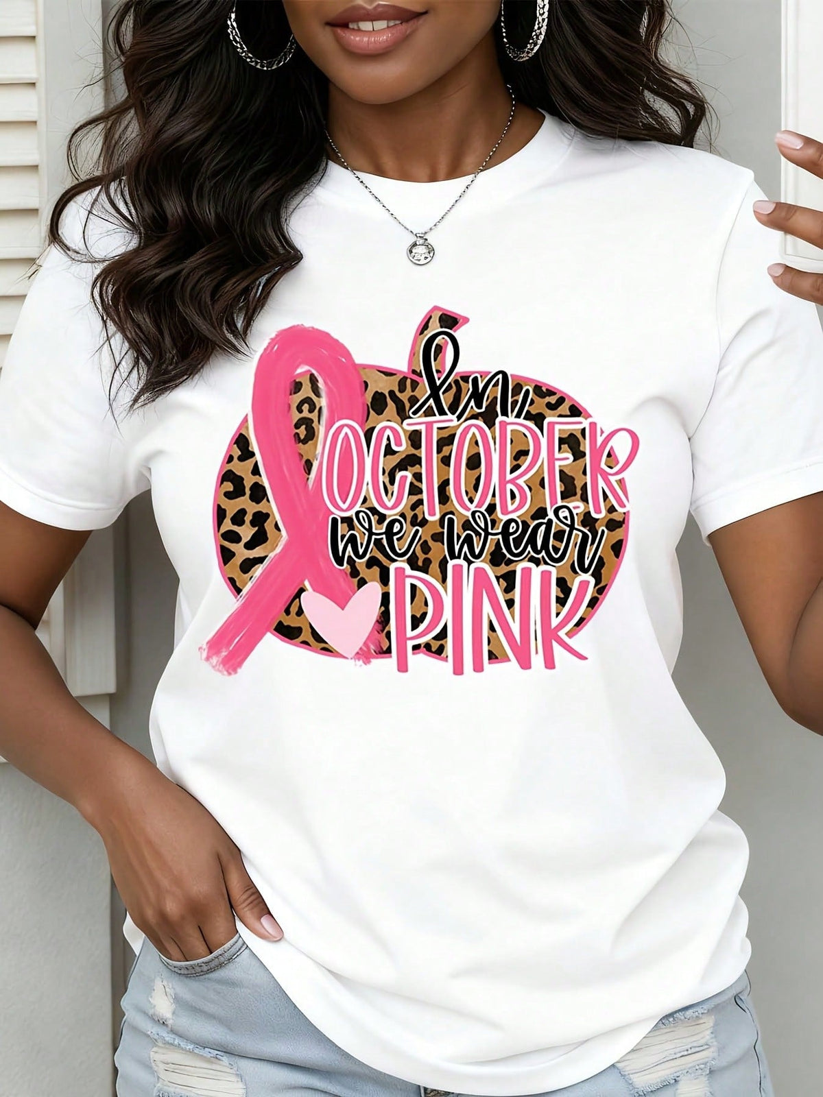 In October We Wear Pink Breast Cancer Awareness Shirt Leopard Print Pumpkin Design T-Shirt