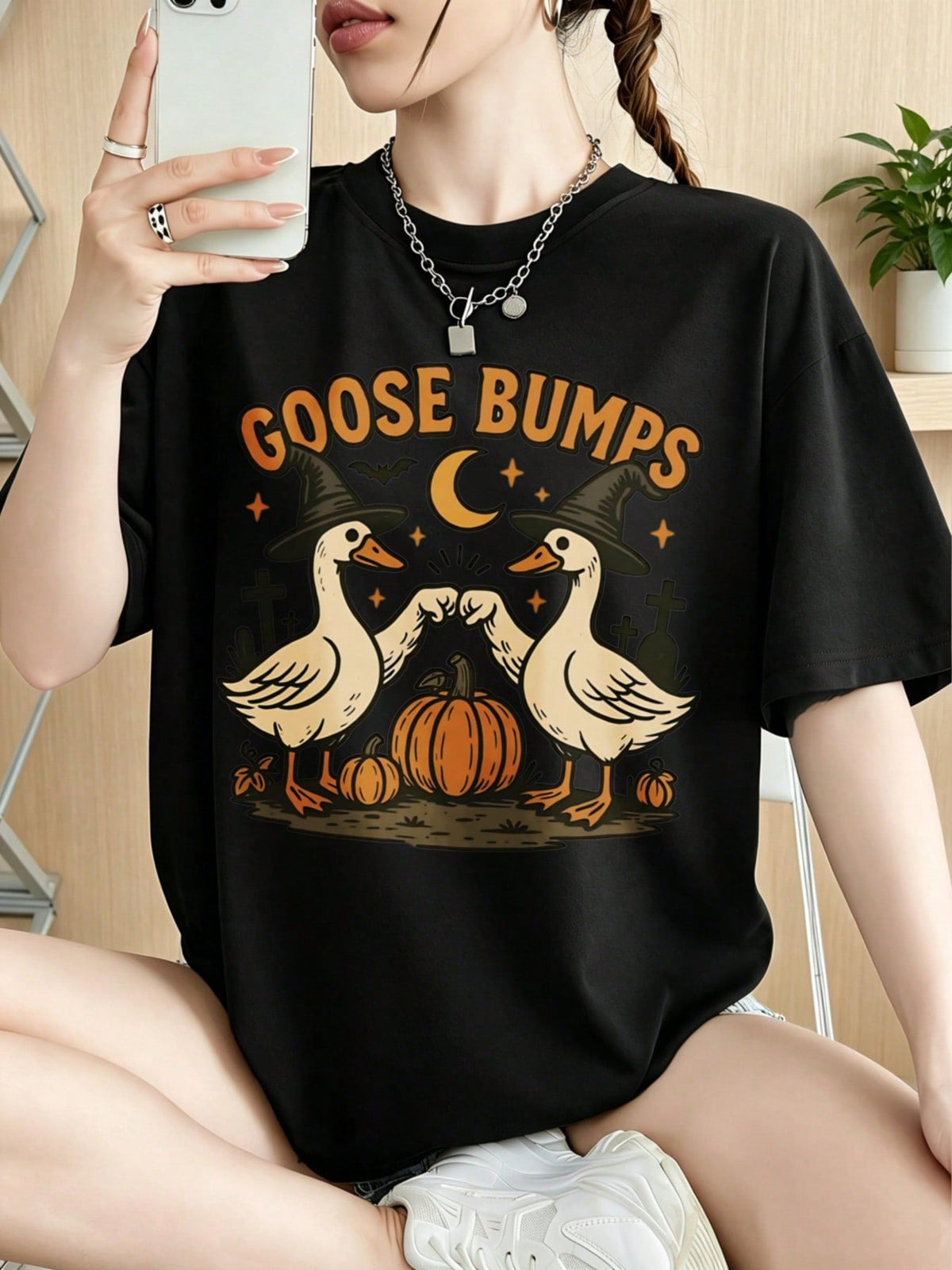 Women Halloween Goose Bumps Graphic T‑Shirt Cute Witch Ducks Pumpkin Moon Print Short Sleeve Casual Fall Spooky Tee
