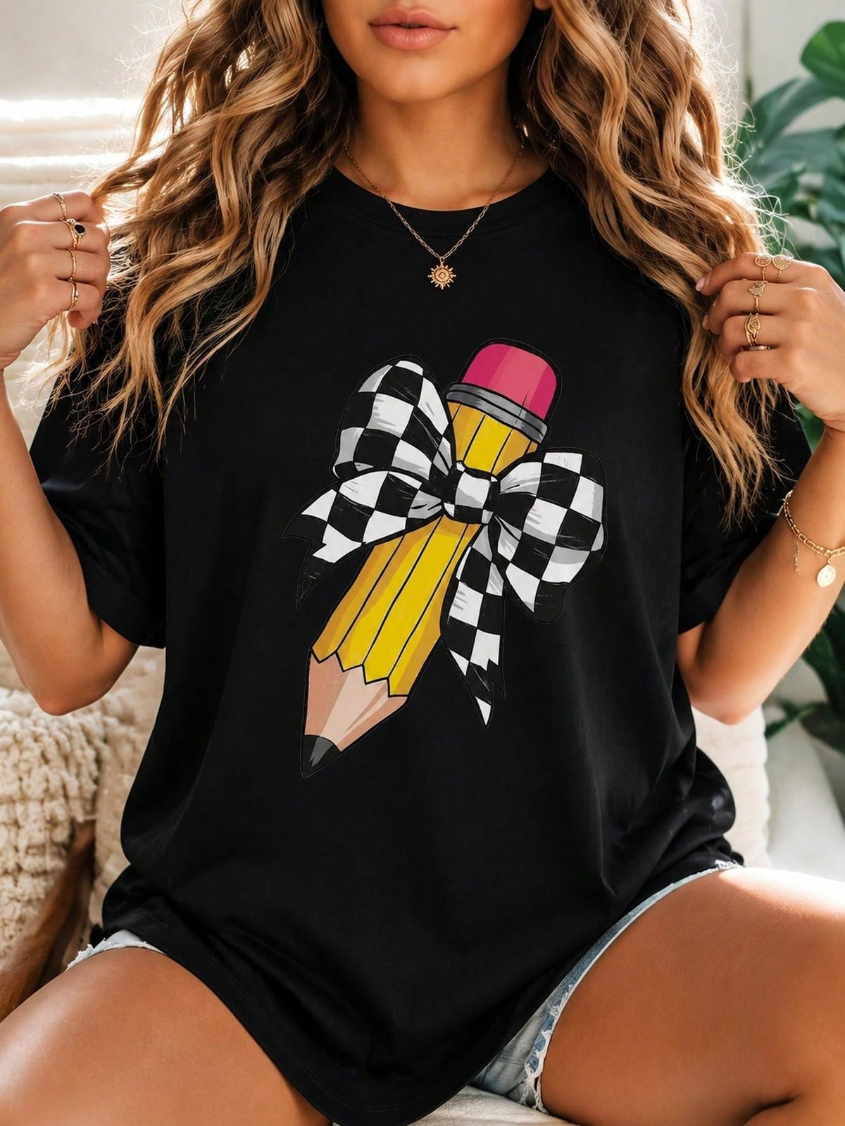 Check Bow Pencil Print Short Sleeve Tee Teacher School Theme Casual Top