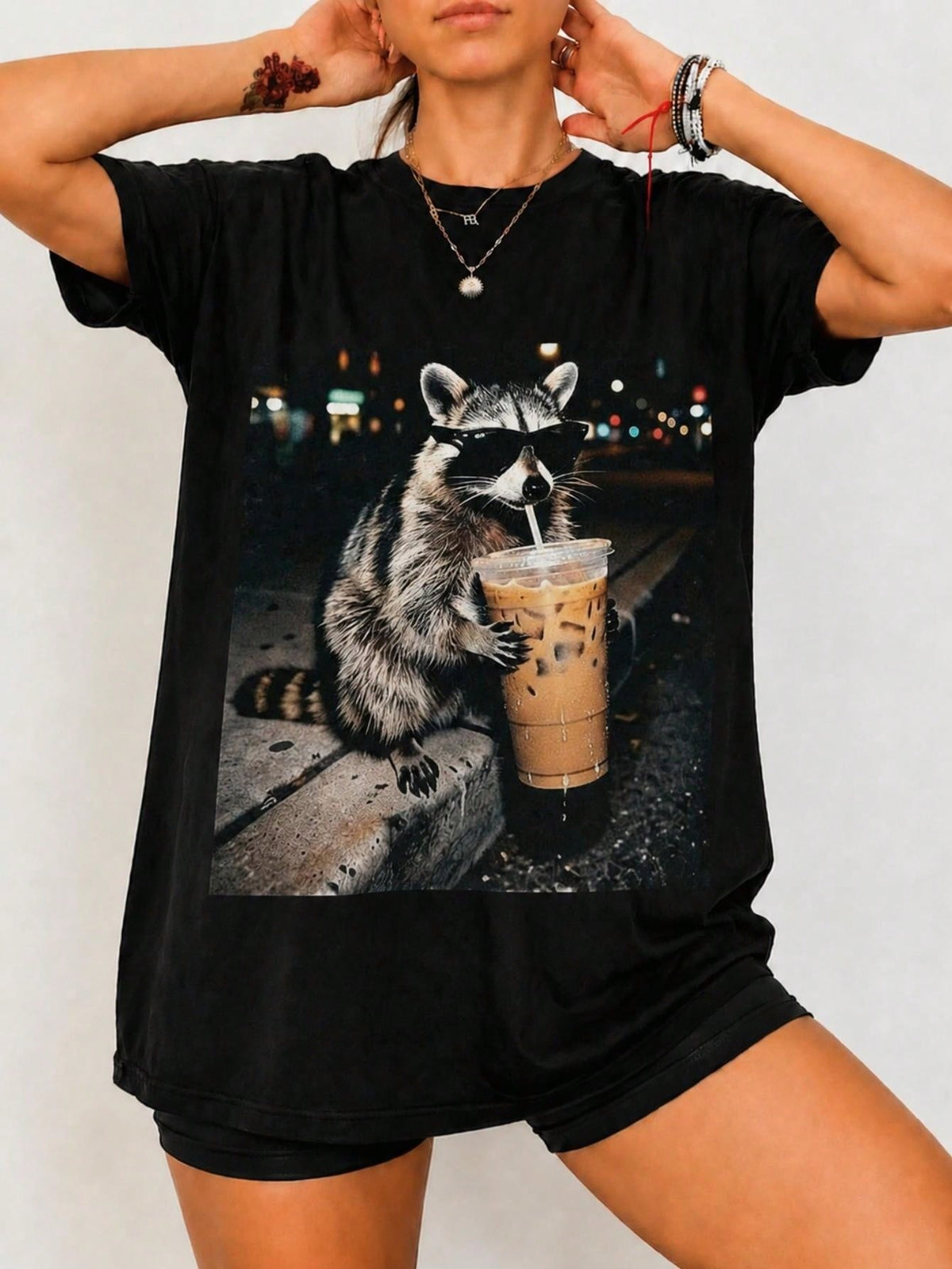 Womens Cool Night City Raccoon Iced Coffee Retro Print Tee Crew Neck Casual Top