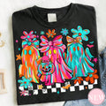 Womens Cute Halloween Ghost T Shirt Coquette Bow Floral Checkered Spooky Season Graphic Tee Short Sleeve Crew Neck Casual Fall Top for Ladies
