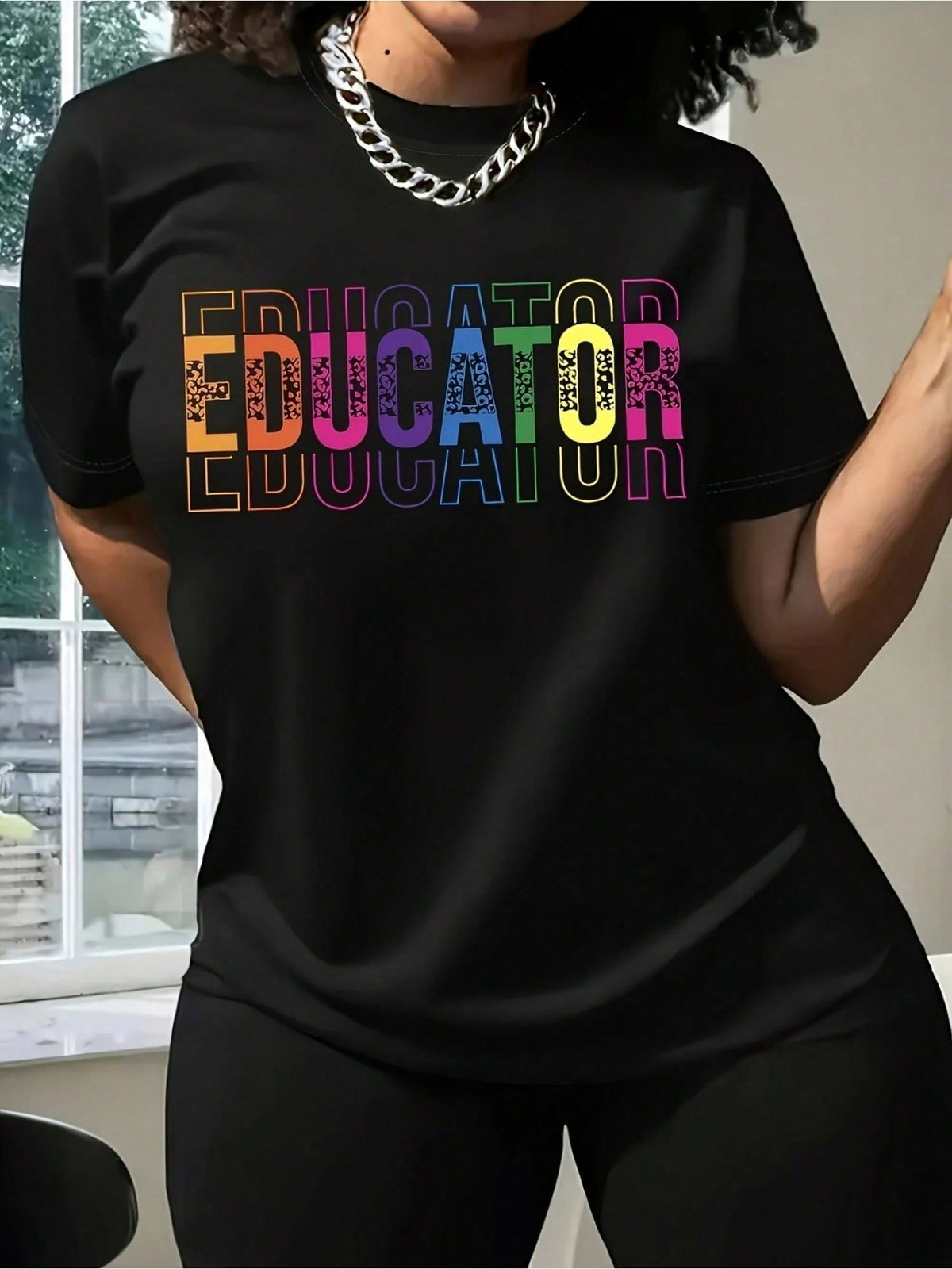 Educator Colorful Text Print Black Crew Neck Tee Year Round Casual Top