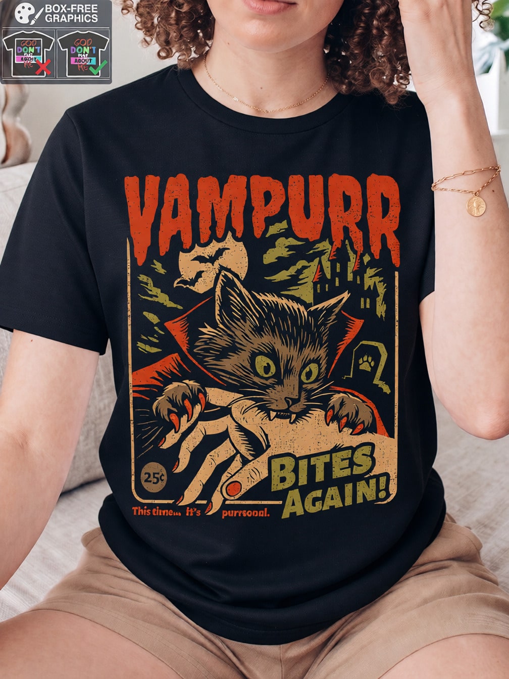 Vampurr Bites Again Funny Cat Halloween Print Tee Vintage Crew Neck Short Sleeve Top