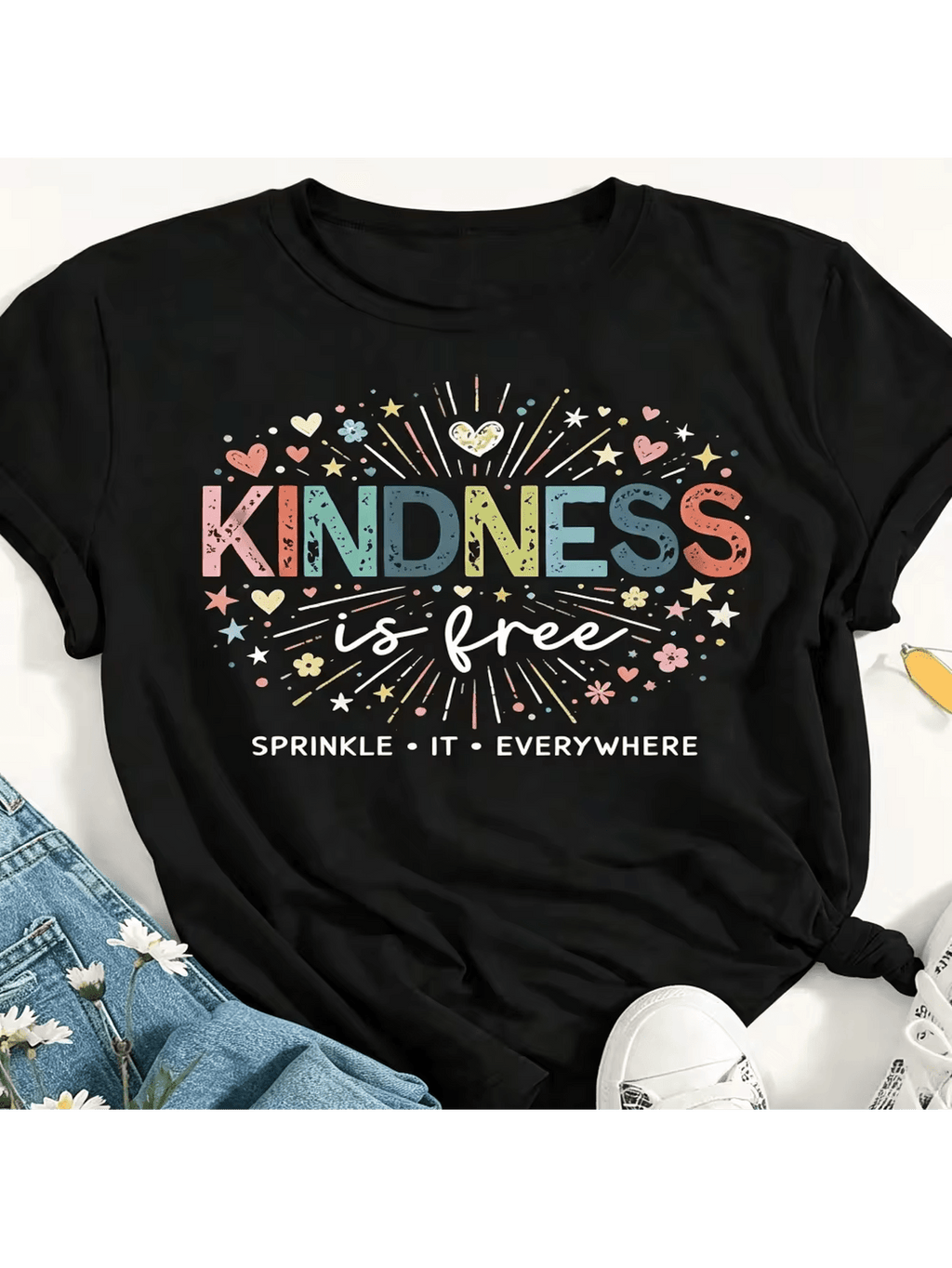 Kindness Is Free Print Short Sleeve Tee Crew Neck Casual Inspirational Top