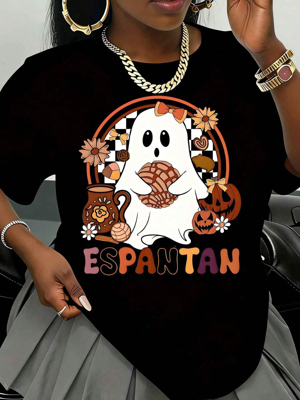 Halloween Ghost Pumpkin Graphic Tee, Casual Short Sleeve Round Neck Black T-Shirt