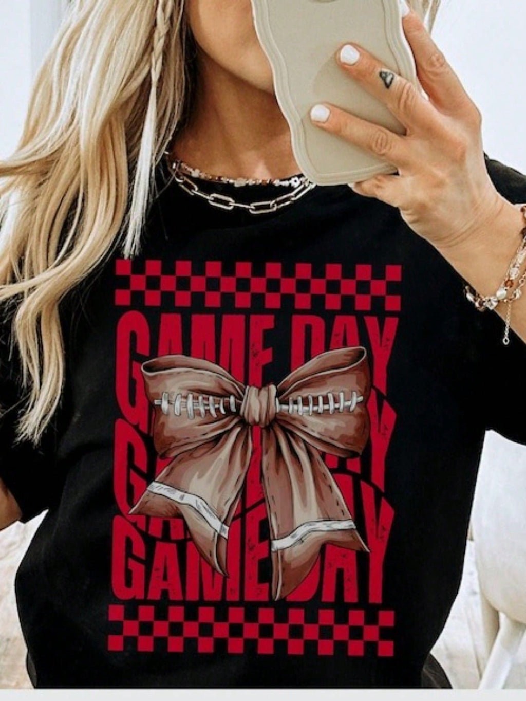 Game Day Red Coquette Bow Print Cotton Short Sleeve Tee Oversized Top