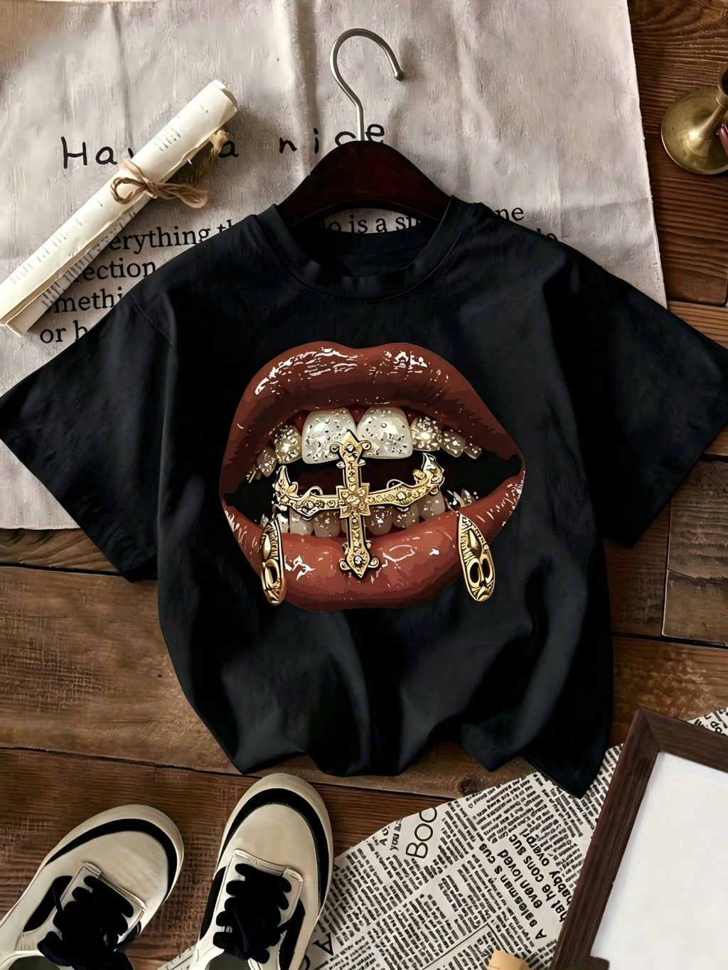 Gold Teeth Graphic Crew Neck Tee Loose Hip Hop Summer Short Sleeve