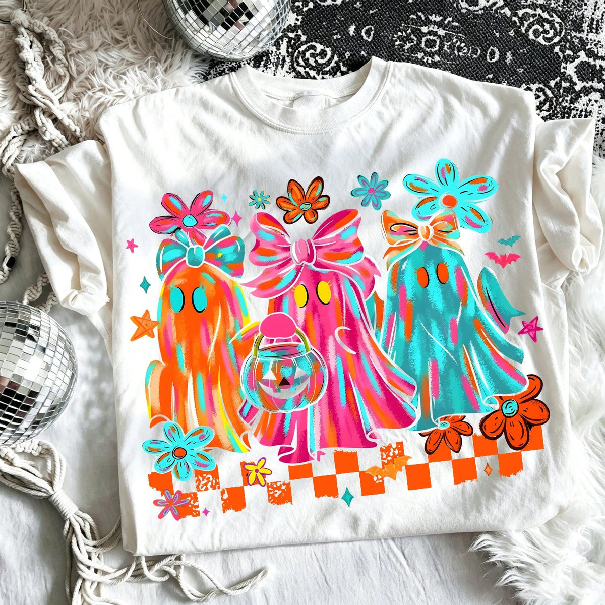 Womens Cute Halloween Ghost T Shirt Coquette Bow Floral Checkered Spooky Season Graphic Tee Short Sleeve Crew Neck Casual Fall Top for Ladies