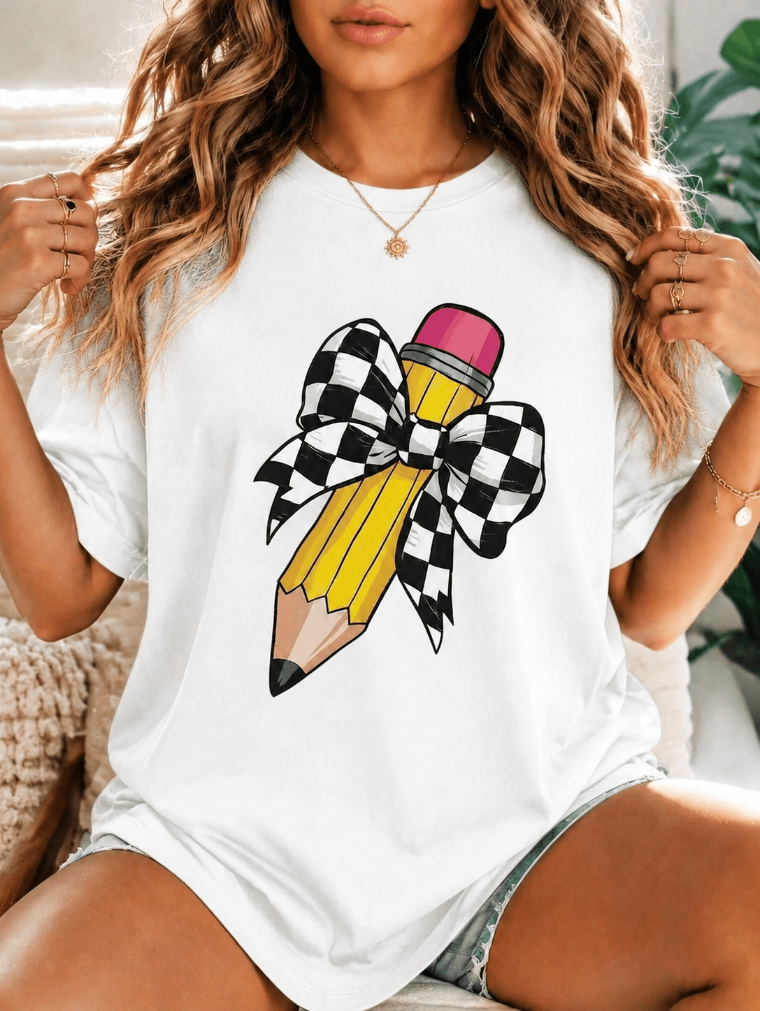 Check Bow Pencil Print Short Sleeve Tee Teacher School Theme Casual Top