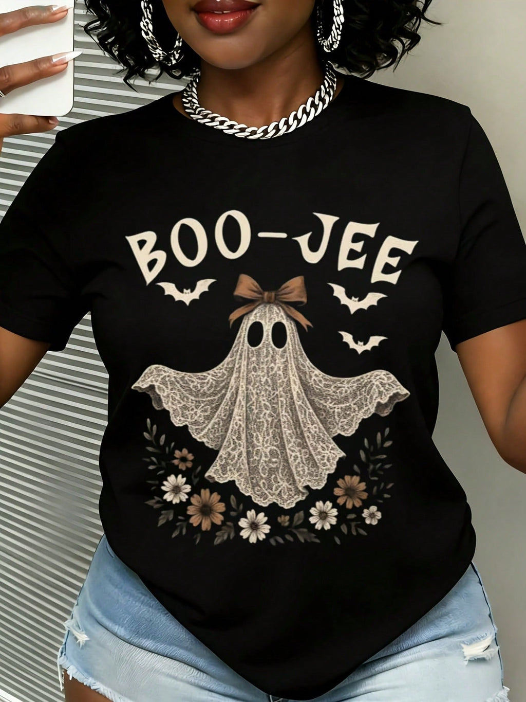 Boo-Jee Lace Ghost With Bats And Flowers Design, Halloween Autumn Season