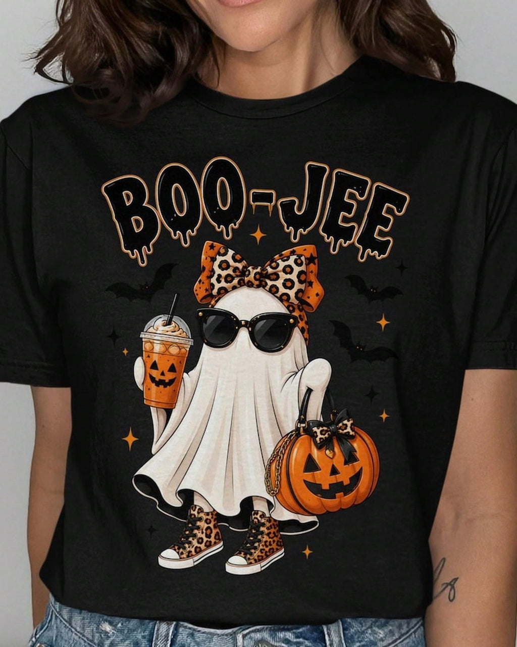 Boo-Jee Ghost T-Shirt, Halloween Leopard Print Tee, Spooky Glam Fashion Shirt