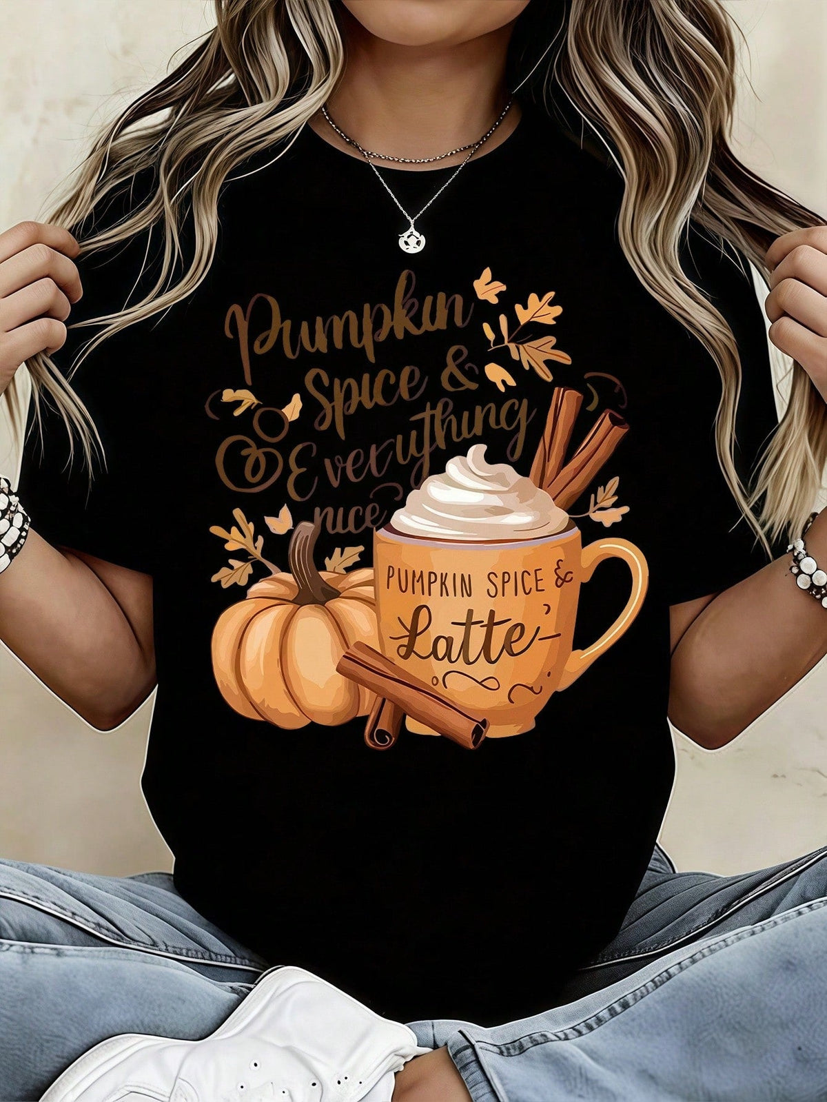 Women Pumpkin Spice & Everything Nice Graphic T‑Shirt Fall Pumpkin Latte Autumn Leaf Print Short Sleeve Casual Tee Top