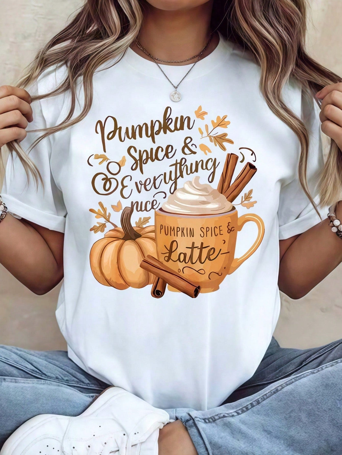 Women Pumpkin Spice & Everything Nice Graphic T‑Shirt Fall Pumpkin Latte Autumn Leaf Print Short Sleeve Casual Tee Top