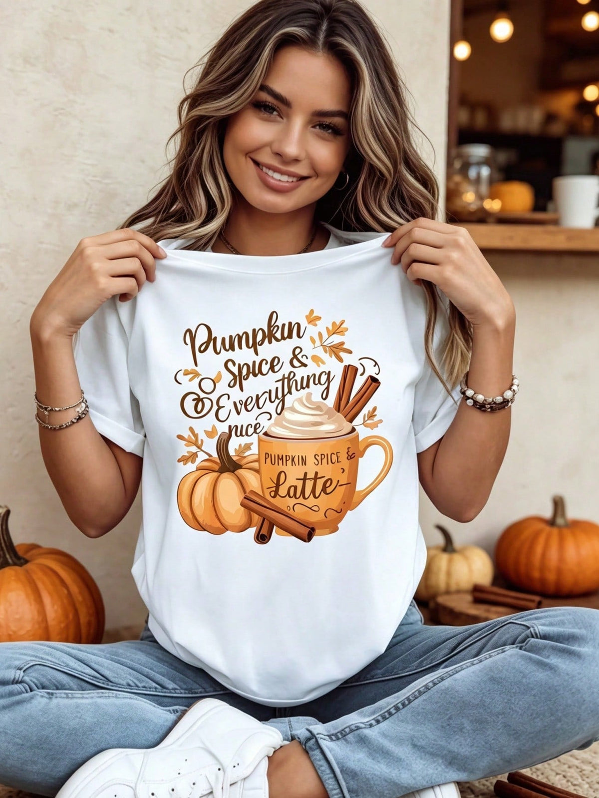 Women Pumpkin Spice & Everything Nice Graphic T‑Shirt Fall Pumpkin Latte Autumn Leaf Print Short Sleeve Casual Tee Top