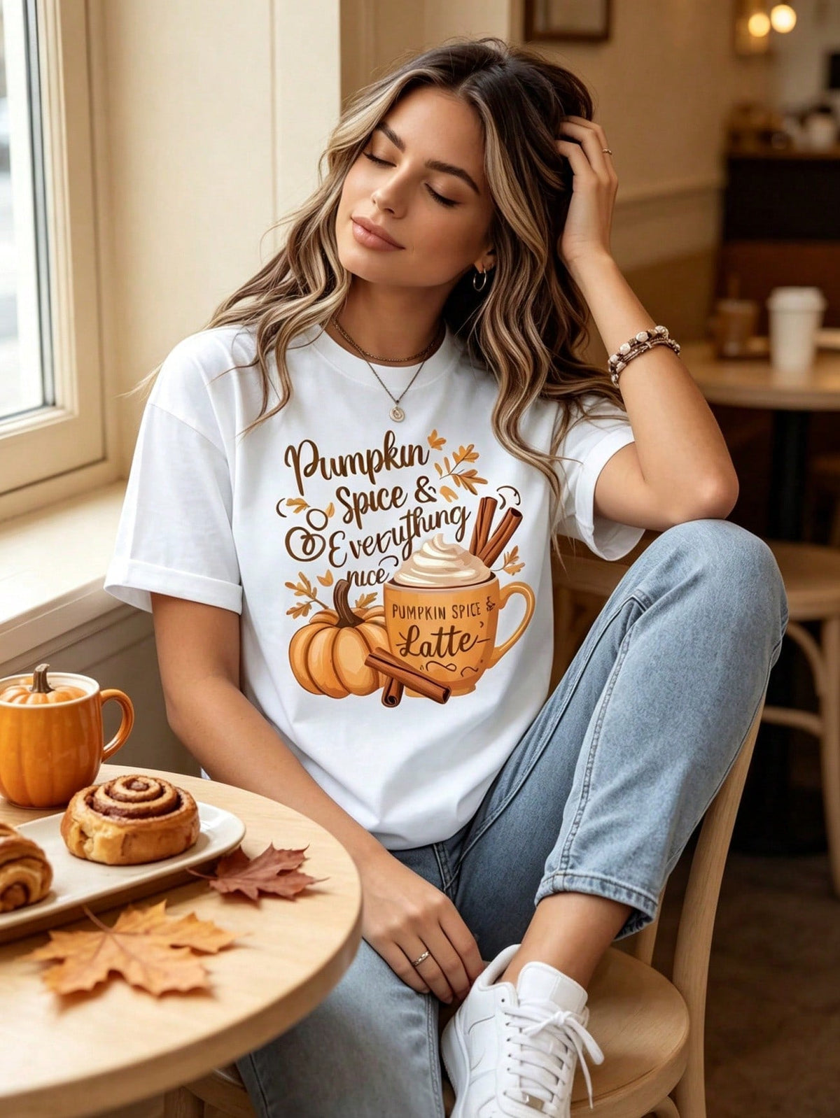 Women Pumpkin Spice & Everything Nice Graphic T‑Shirt Fall Pumpkin Latte Autumn Leaf Print Short Sleeve Casual Tee Top