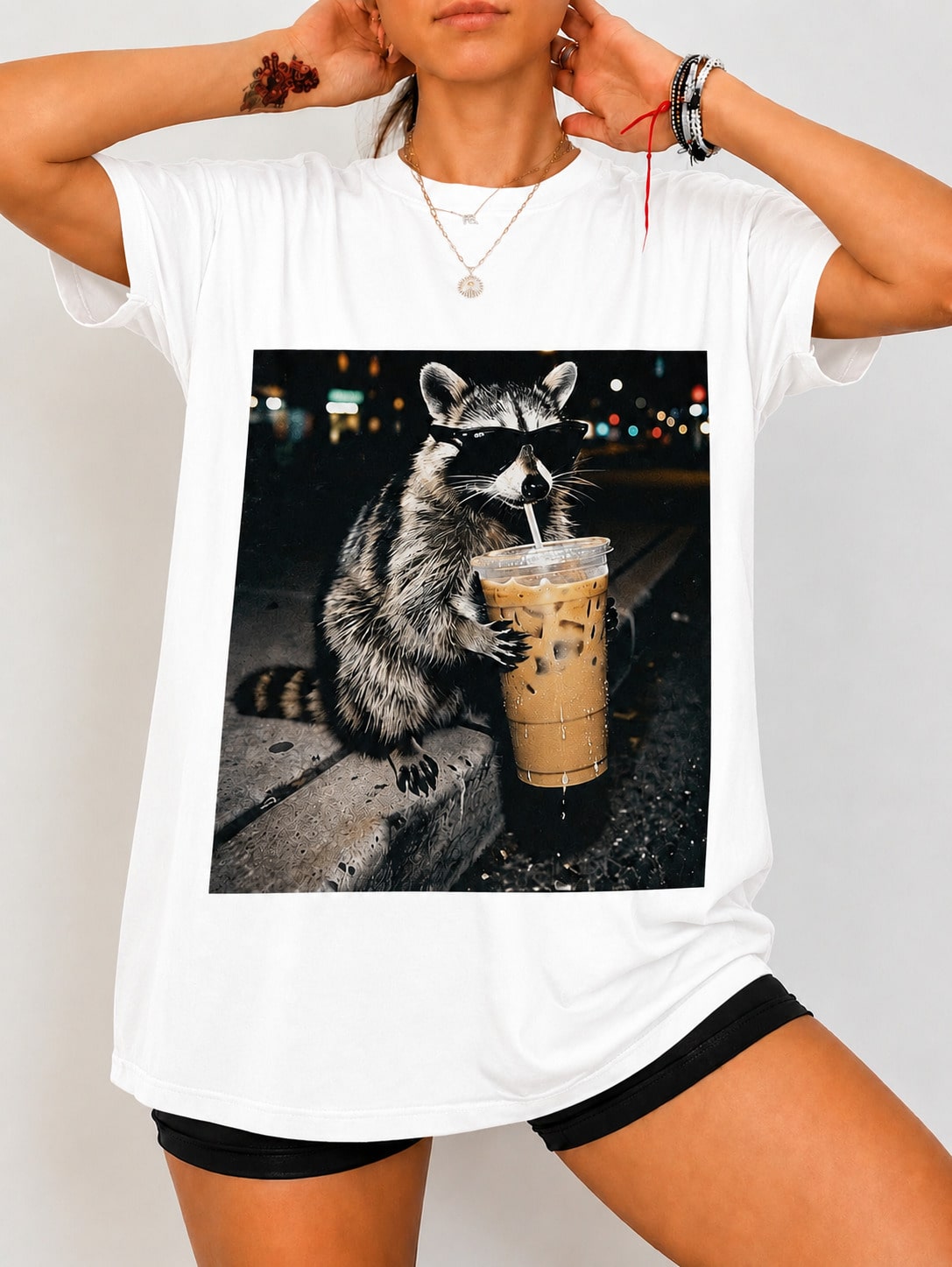 Womens Cool Night City Raccoon Iced Coffee Retro Print Tee Crew Neck Casual Top