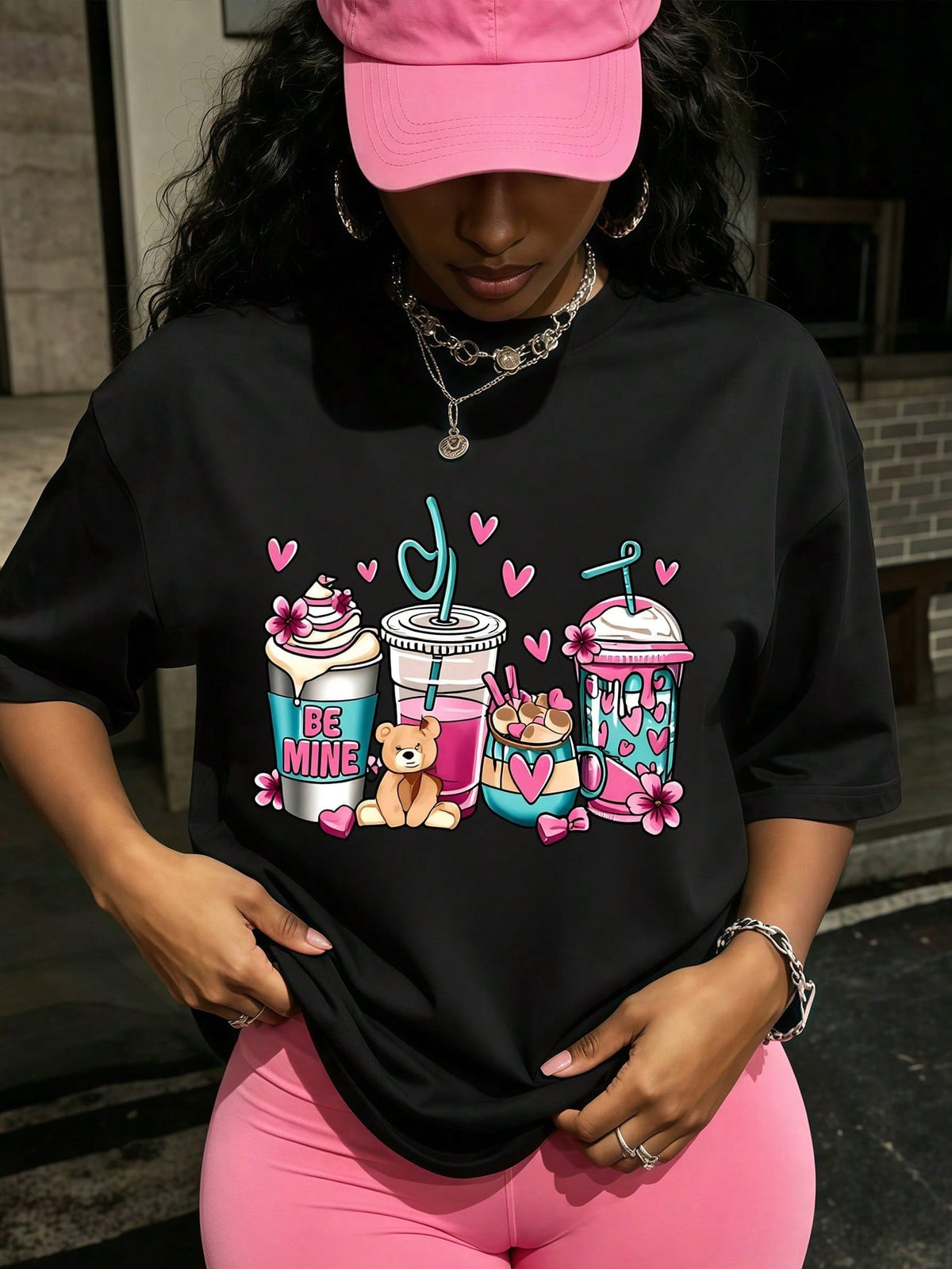 Valentines Drink Bear Print Black Short Sleeve Tee Summer Crew Neck Casual Top