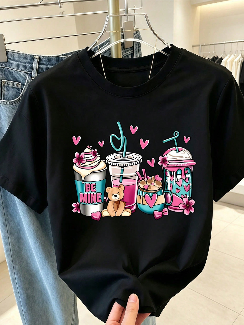 Valentines Drink Bear Print Black Short Sleeve Tee Summer Crew Neck Casual Top
