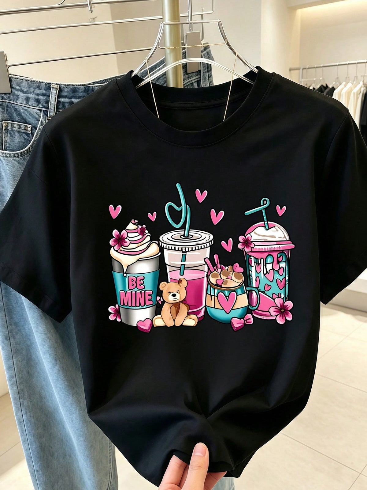 Valentines Drink Bear Print Black Short Sleeve Tee Summer Crew Neck Casual Top