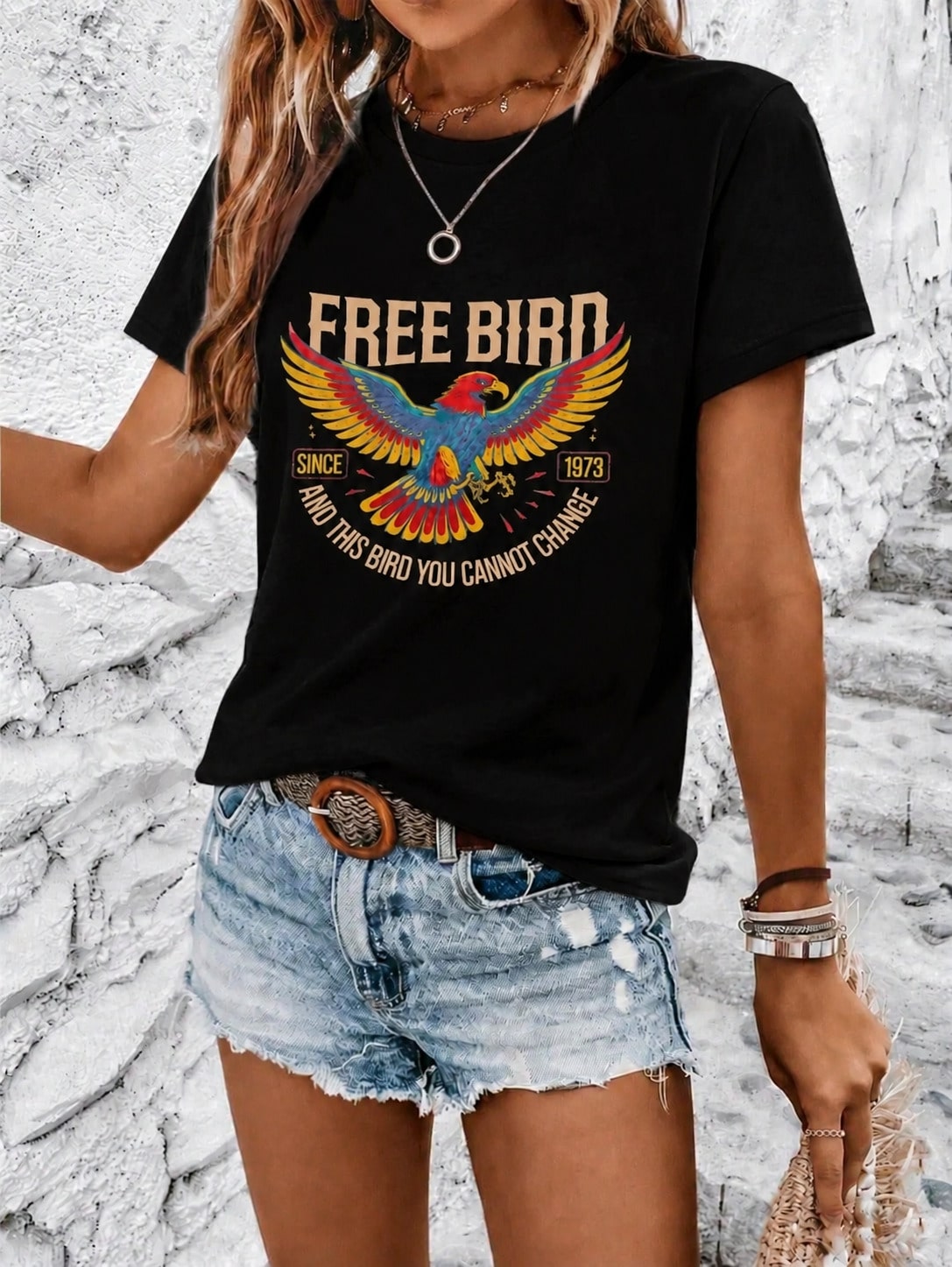 Vintage Free Bird Rock Band Print White Short Sleeve Tee Crew Neck Casual Top