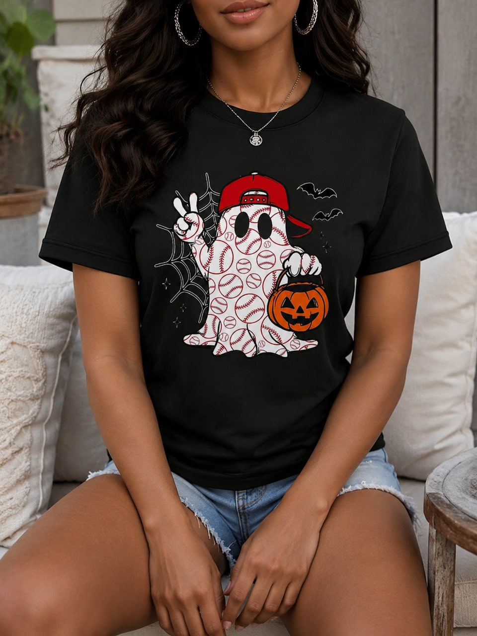 Halloween Baseball Ghost Print Tee Pumpkin Bucket Trick Or Treat Short Sleeve Top