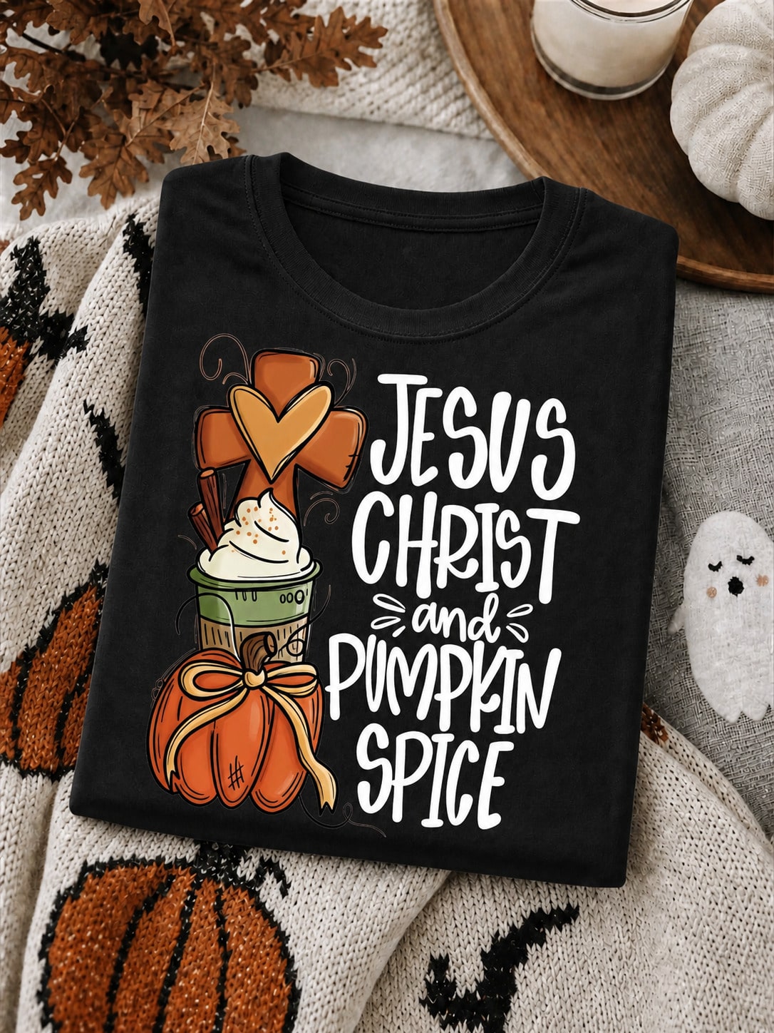 Fall Christian Graphic T‑Shirt for Women, Jesus Christ and Pumpkin Spice Print Casual Short Sleeve Tee, Autumn Pumpkin Cross Faith Thanksgiving Top