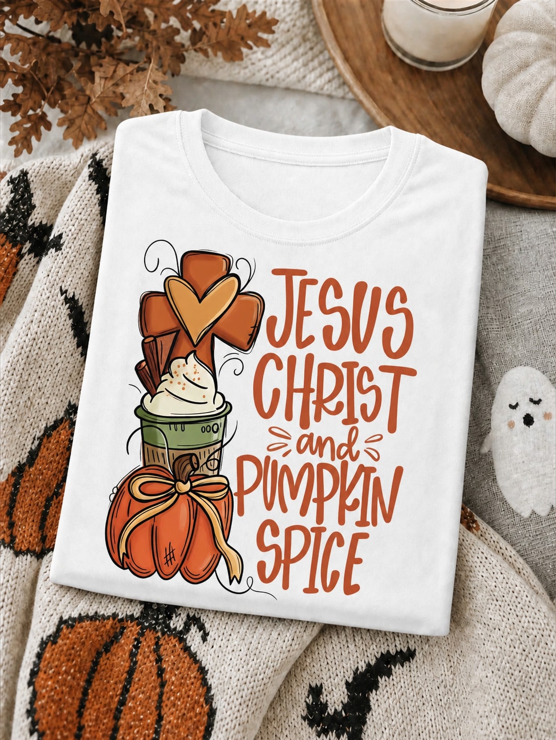 Fall Christian Graphic T‑Shirt for Women, Jesus Christ and Pumpkin Spice Print Casual Short Sleeve Tee, Autumn Pumpkin Cross Faith Thanksgiving Top