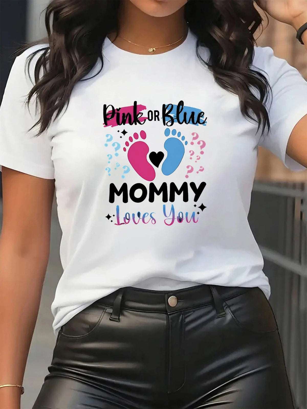 Mom Loves You Print Short Sleeve Tee Living Room Casual Pink Blue Top