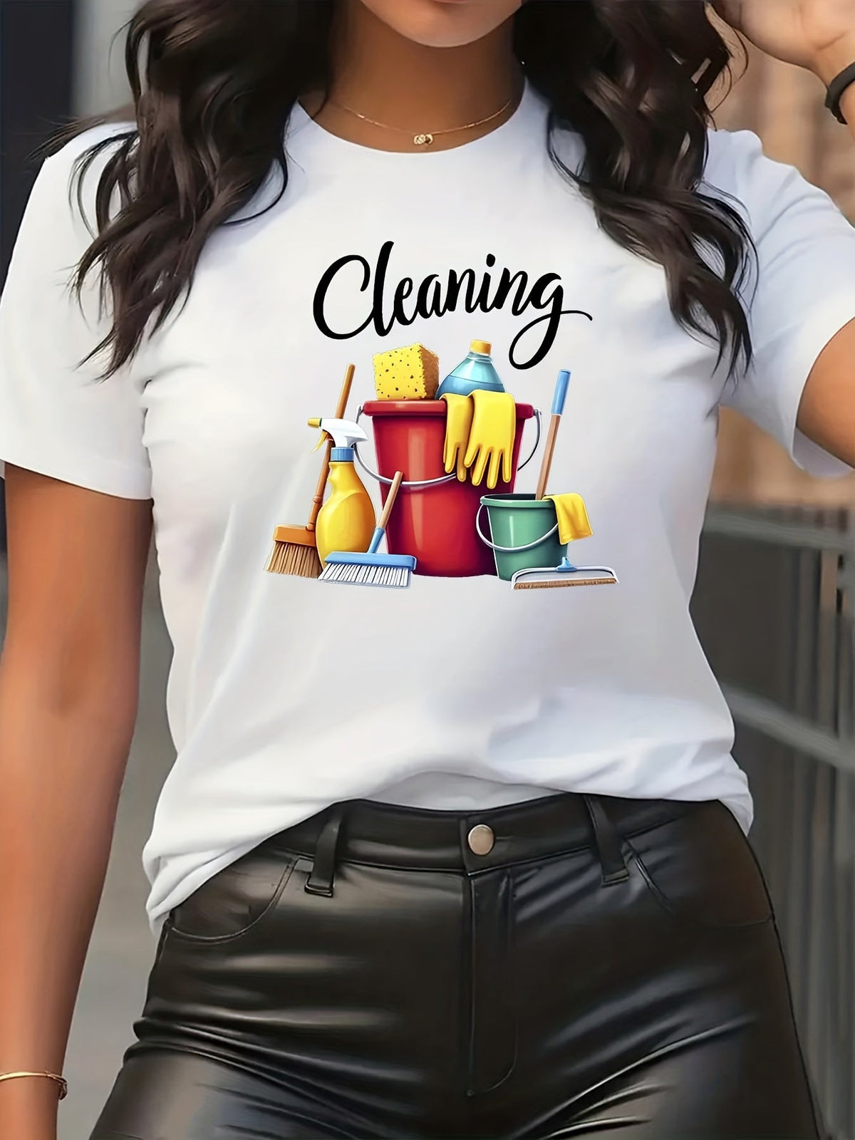 Housework Cleaning Print Crew Neck Tee Durable Lightweight Stretch All Season Top