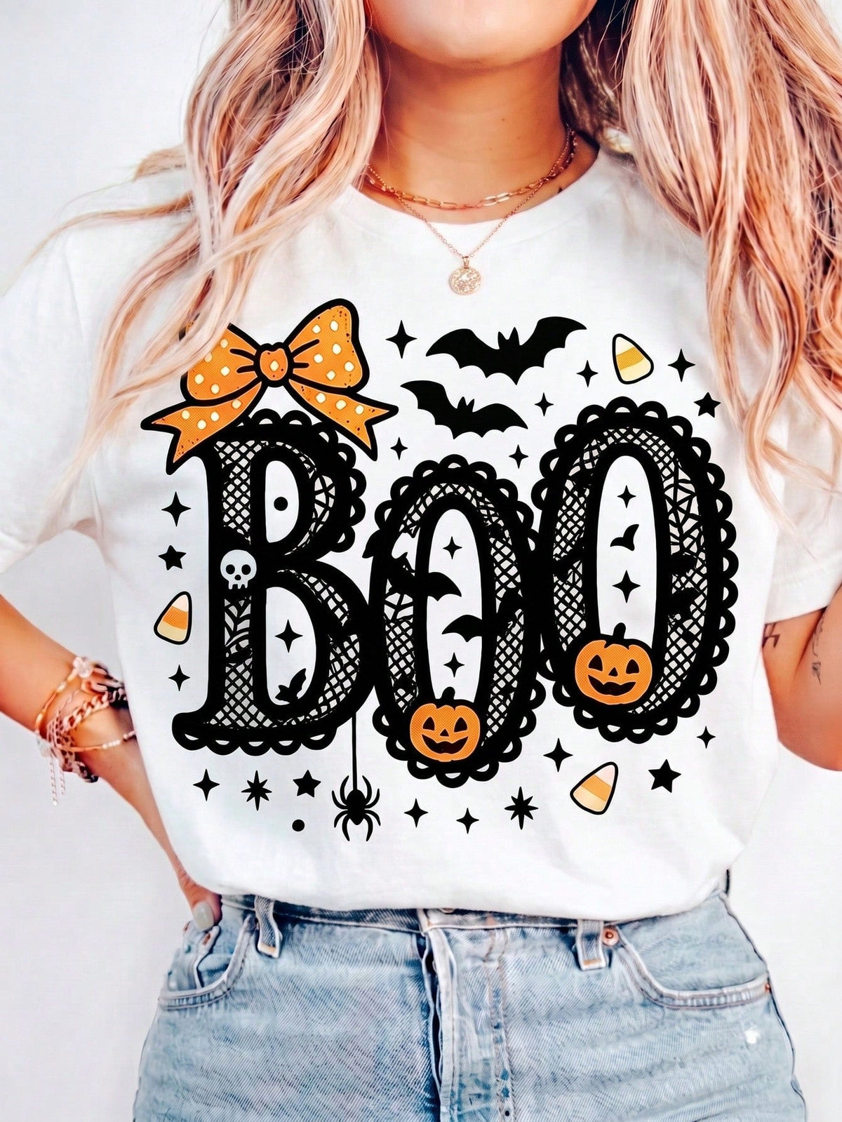Women Boo Halloween Graphic T-Shirt Pumpkin Bow Spider Bat Candy Corn Casual Short Sleeve Tee