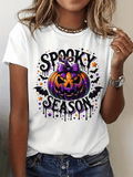 Halloween Spooky Pumpkin Print Tee All Season Casual Crew Neck Short Sleeve Top