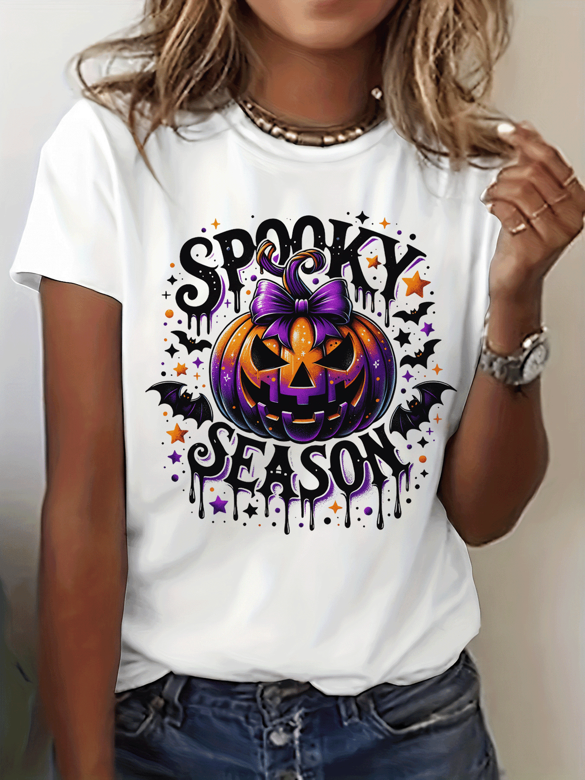 Halloween Spooky Pumpkin Print Tee All Season Casual Crew Neck Short Sleeve Top