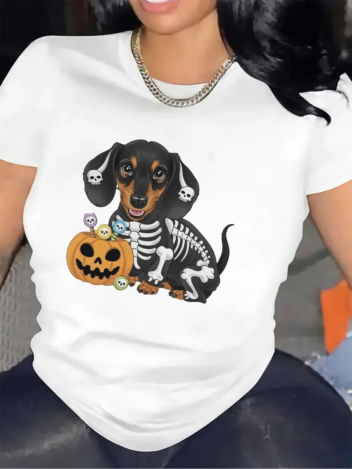 Halloween Dog Skull Print Lightweight Short Sleeve Tee Holiday Comfort Top